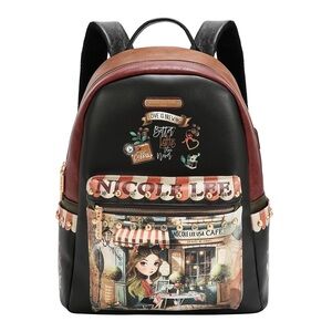 Nicole Lee Black, Brown & Burgundy Cafe Print Mini Backpack